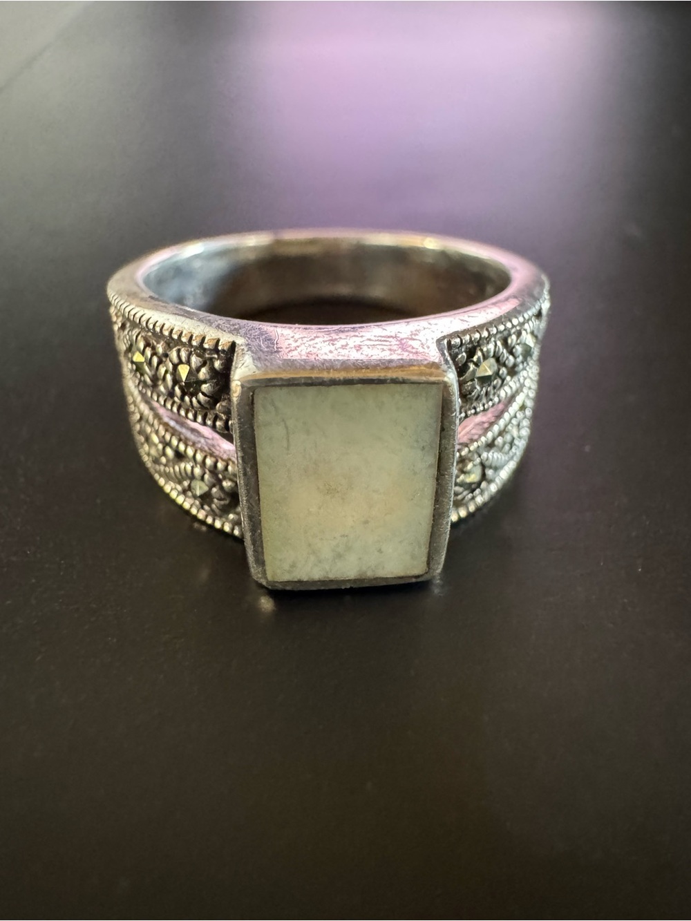 Sterling Silver Mother of Pearl Marcasite Wide Band Ring - Size 6.75